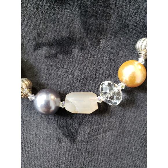 Women's Mixed Bead Necklace Gold Gray Clear Statement Lobster Clasp Chunky Boho - Picture 3 of 6